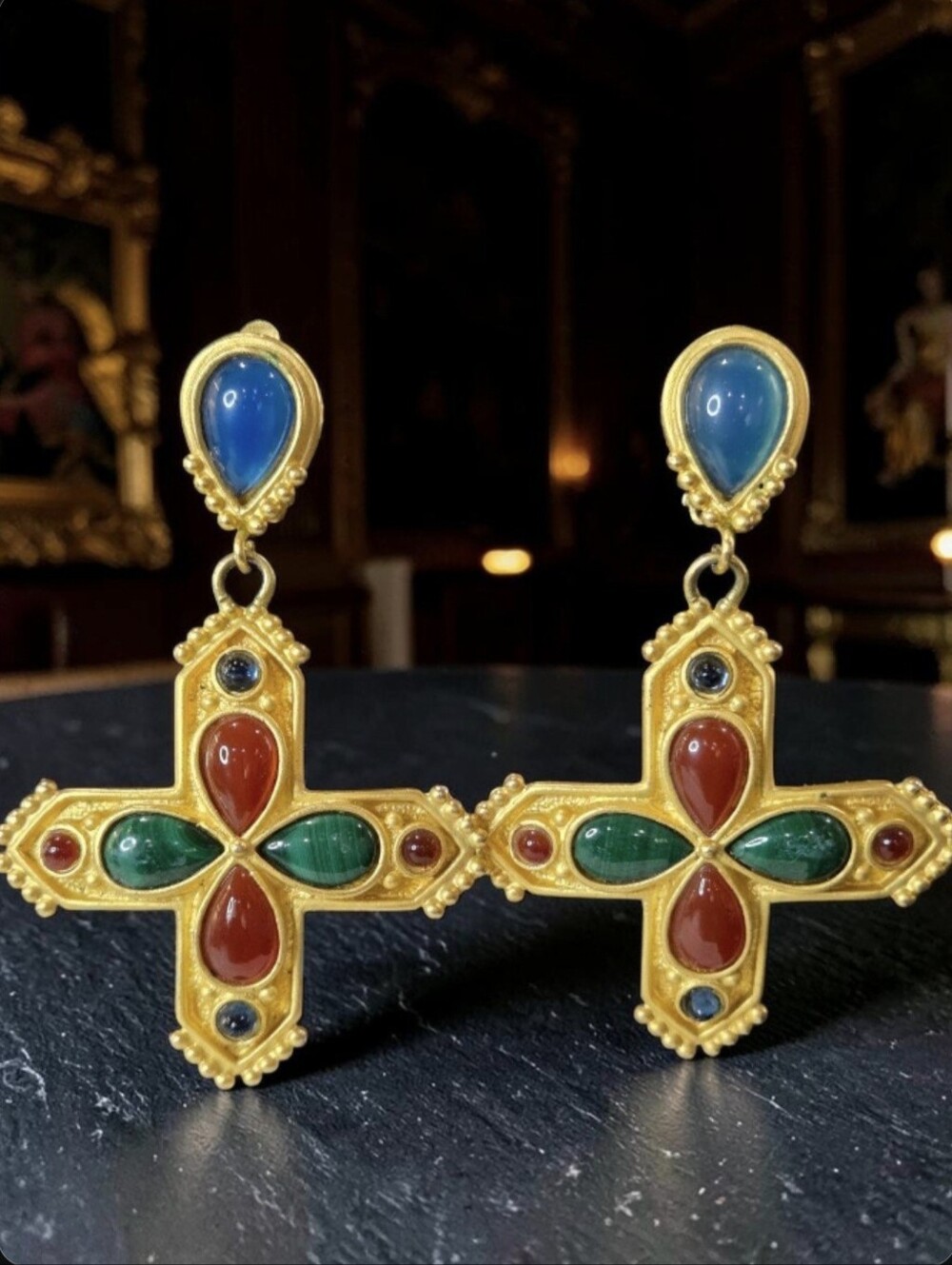 Leslie Block Vintage Matte Gold 1980's Ornate Cross Glass Cabochon Clip Earrings